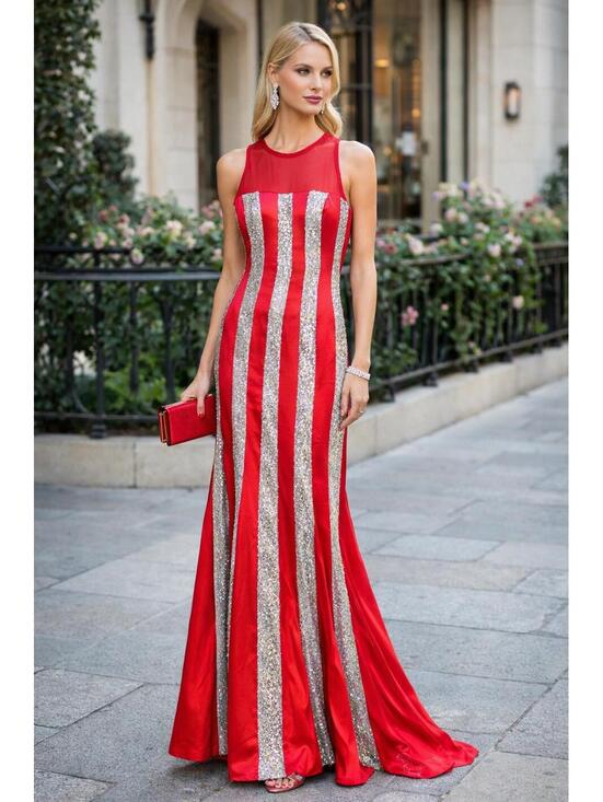 Ashley lauren Dresses & Skirts - Scala Ashley Lauren Red Silver Beaded Sequin Striped Silk Mesh Satin Gown sz 4